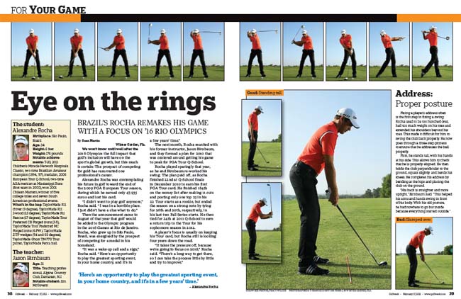    Alexandre Rocha na Golfer, acima, e na Golf Week, no final do texto: reconhecimento no exterior
