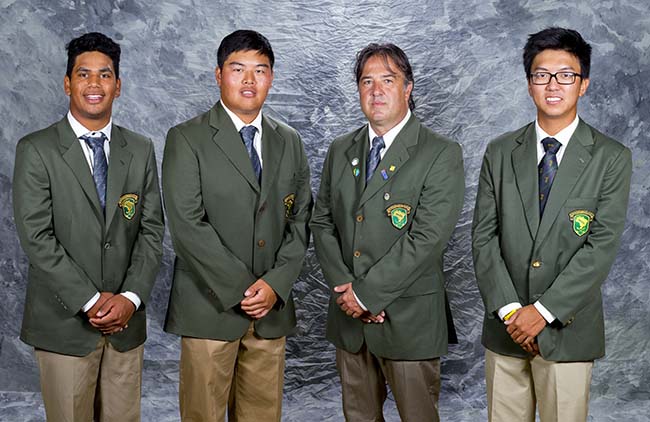 Brazil World Amateur Team, from left to right, Herik Machado, Gustavo Chuang, captain Octavio Villar, and Daniel Kenji Ishii as seen during the practice round at the 2016 Eisenhower Trophy at Iberostar Resort in Riviera Maya, Mexico on Tuesday, Sept. 20, 2016. (Copyright USGA/Steve Gibbons)